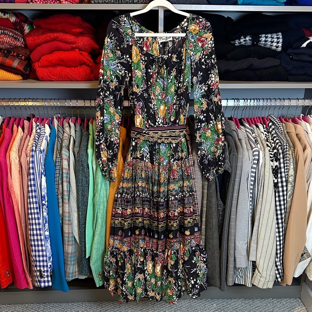 Plaza South black/multicolored long sleeve belted scoop neck midi dress size S